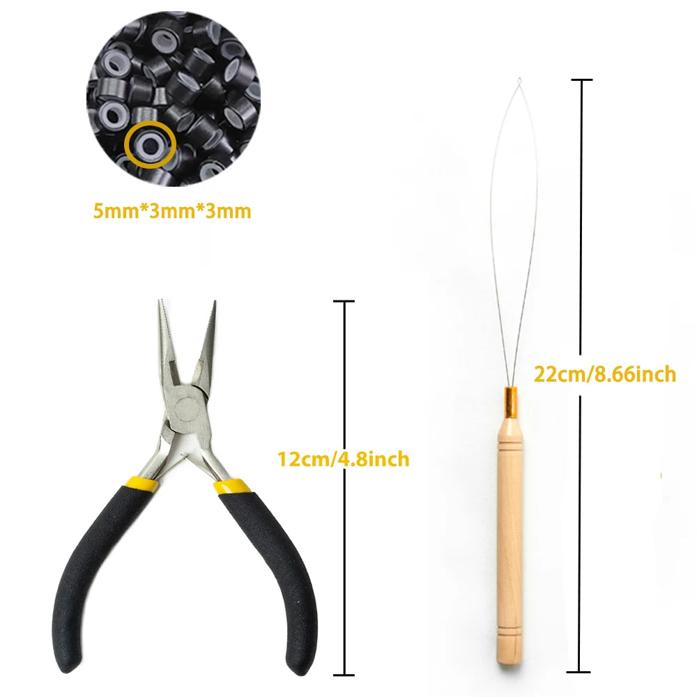 Wig installation kit includes hair extensions pliers, Beading tool and 250pcs silicone rings for hair extension accessories