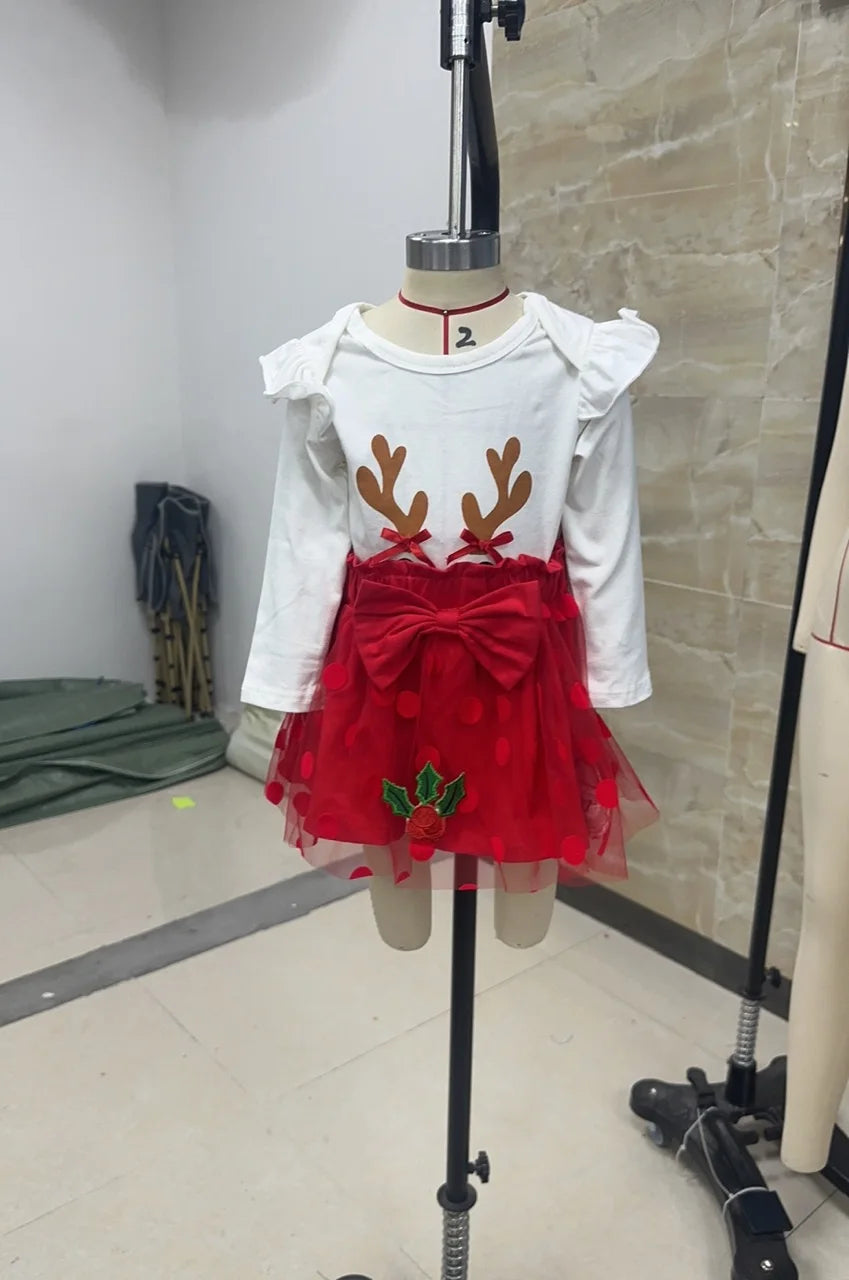 Baby Girls 3pcs Outfit Christmas Long Sleeve O Neck Reindeer Print Jumpsuit Headband Bow Mesh Skirt Newborn Clothes Set