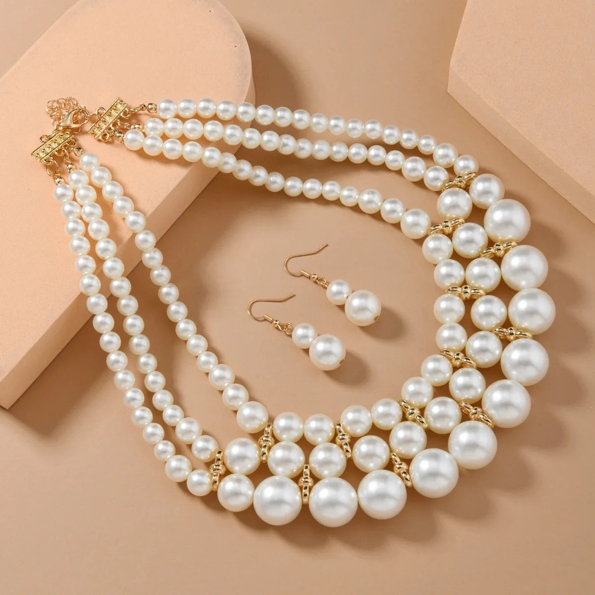 Bridal Wedding Jewelry Set New Fashion Multi layer Handmade Imitation Pearl Necklace and Earrings Women's Party Accessories