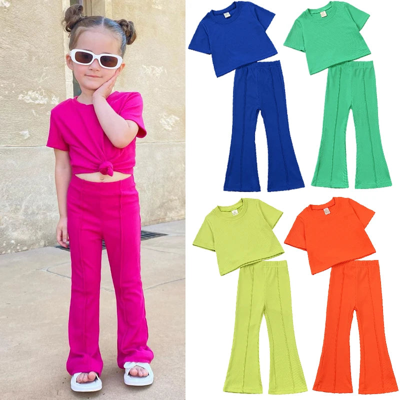 2025 Girls Summer Outfit Sets Toddler Crewneck Tshirt Shirt Top + Bell-Bottom Pants Sets Cute Children Flared Pants Baby Suit