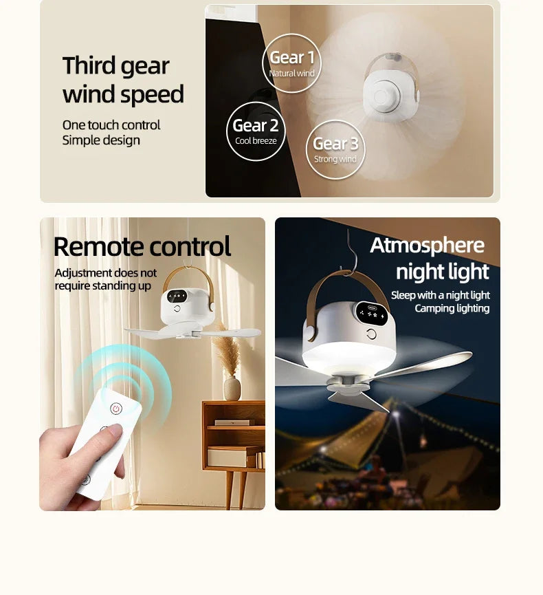 Ceiling Fan Portable Camping Tent Ceiling Canopy Fan 8000mah Rechargeable Wireless Fan Air Circulators with Remote Control Light