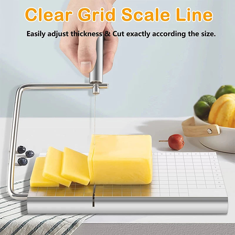 LMETJMA Cheese Slicers with Wire for Block Cheese Adjustable Cheese Cutter Board with 5 Replacement Wires Precise Scale JT53
