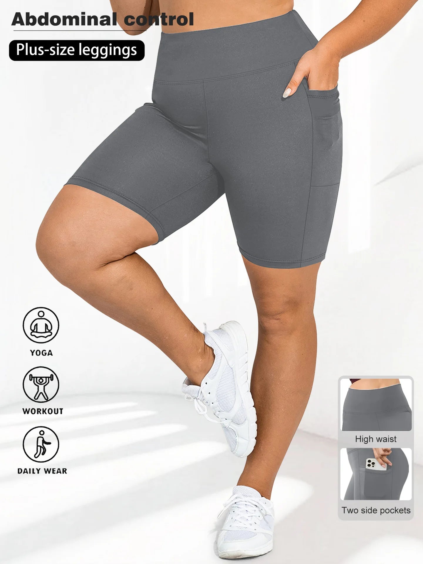 High Waist Plus Size Leggings Yoga Shorts for Women with Pockets, Non-See Through Shorts for Women