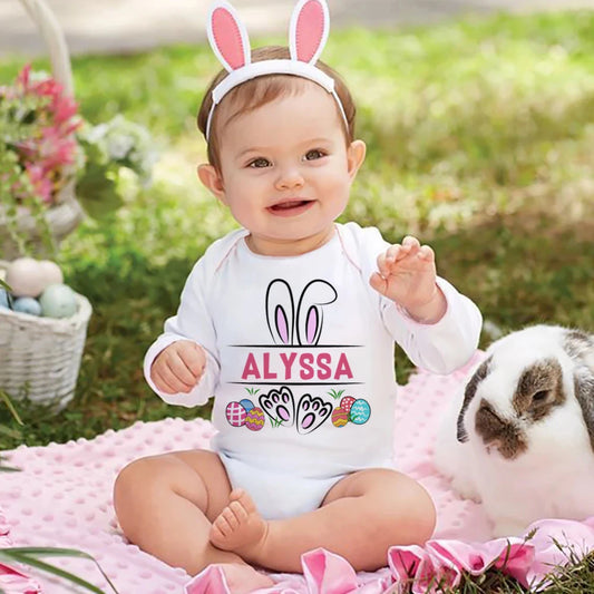 Personalized Easter Baby Romper Bunny with Name Infant Outfit Bodysuit Boys Girls Holiday Party Jumpsuit Bunny Newborn Rompers