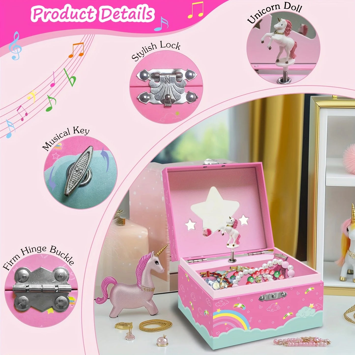 Unicorn Jewelry Box - Jewelry Box with Drawer and Music, Adorned with a Dancing Unicorn Ideal for jewelry storage, as a gift