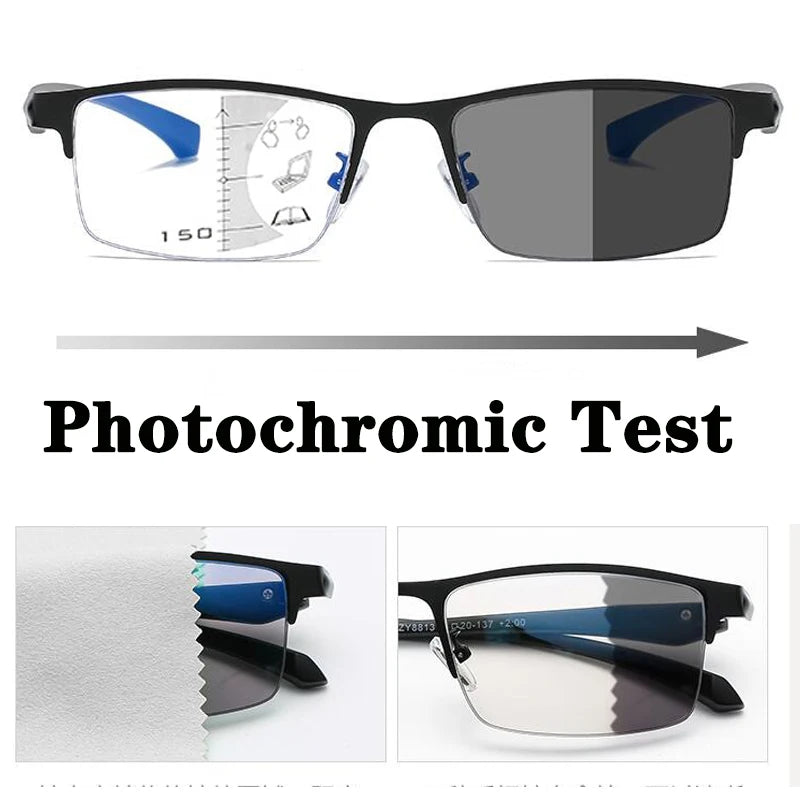 2022 Transition Photochromic Multifocal Reading Glasses Men's Smart Progressive Anti Blue Ray Half-Frame Hyperopia Eyewear +2.5