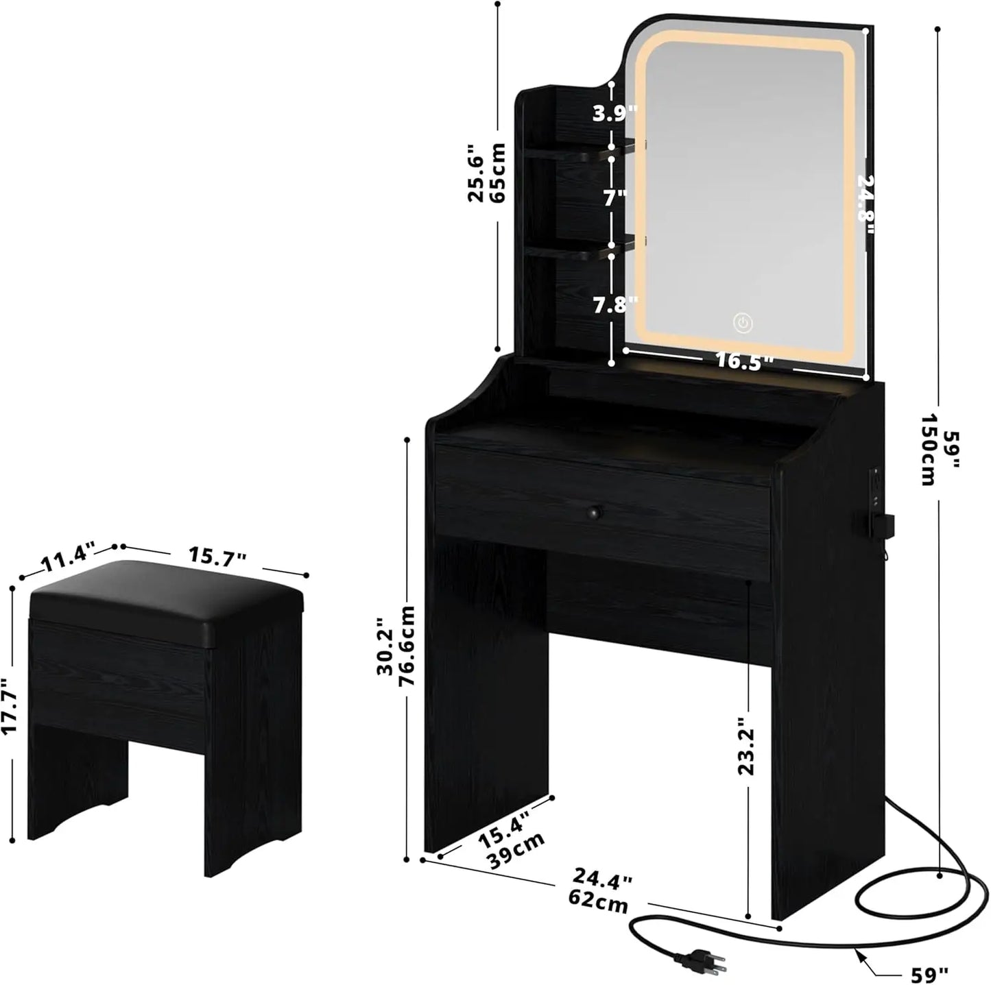Small Makeup Vanity Desk with Mirror and Lights, Vanity Table Set with Storage Drawer, Chair and Three Shelves, Bedroom, Black
