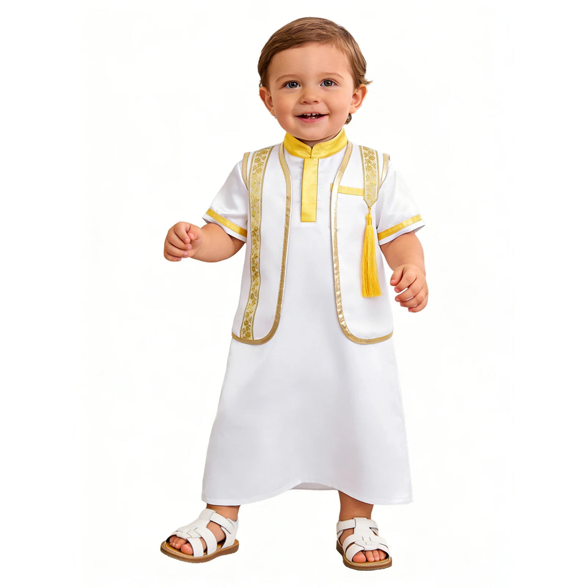 Muslim Baby Boys Robe Ramadan Eid Abaya Set Metallic Trim Arabic Islamic Kaftan Thobe Satin Gown with Open Front Tassel Vest