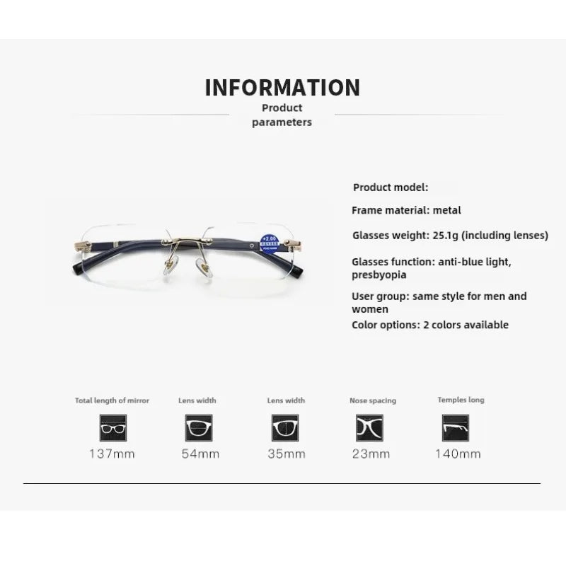 Rimless Frame Reading Glass for Men and Women with Grade +100°~+400°