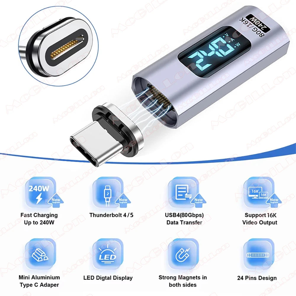 USB4.0 80Gbps 240W Thunderbolt 5 Magnetic Adapter Type C To USB C Fast Charge Magnet Converter Cable 16K@60Hz 5A Type C Adapter