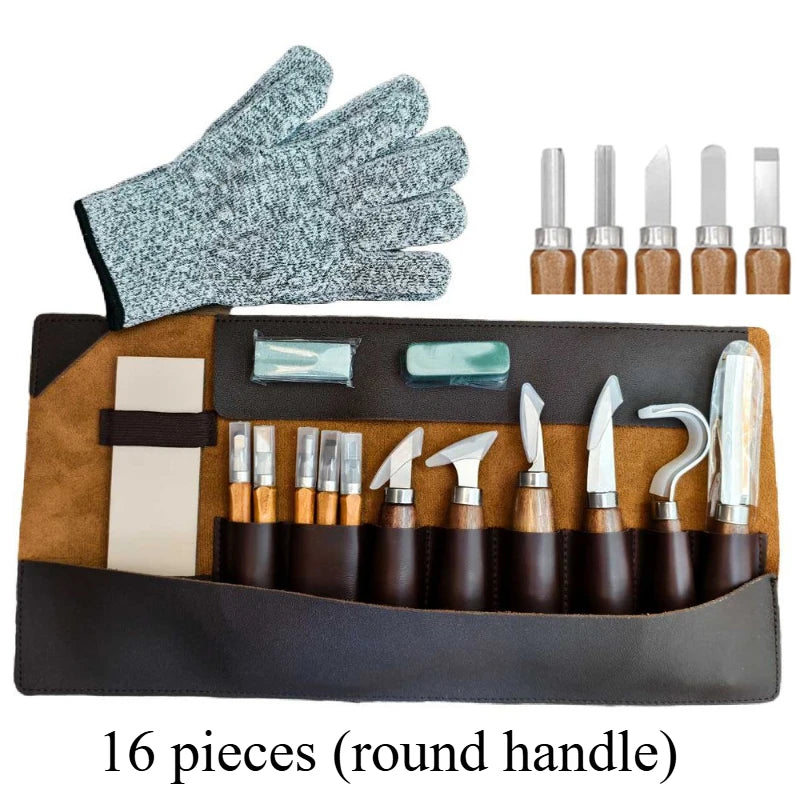Woodworking Tools Professional Square Handle Woodcarving Vintage Leather Set 12 Pieces Furniture Detail Relief Project Essential
