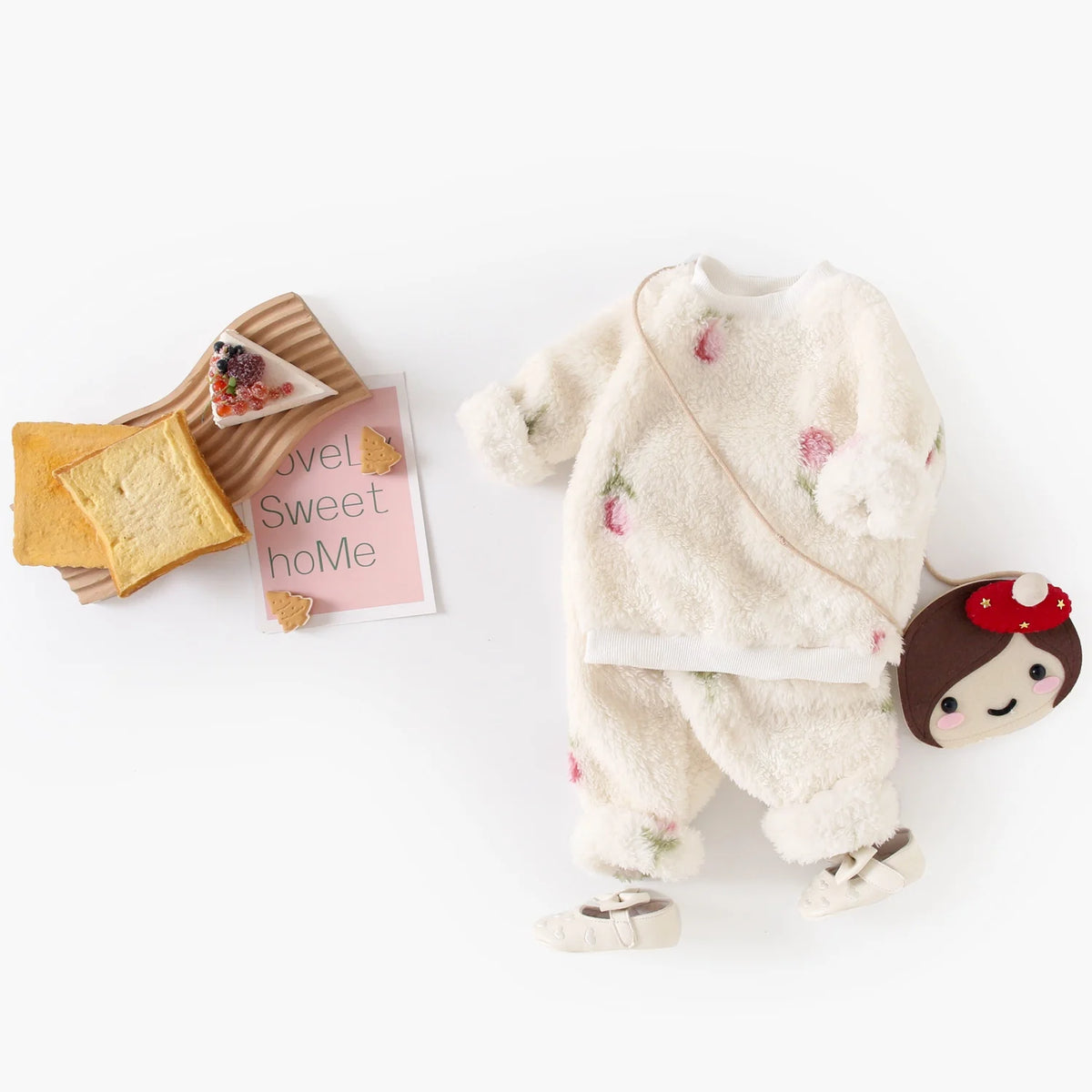 Cute Fleece Long Sleeve Little Kids Tops + Pants Thickened Baby Outfits Sets Winter Florals Clothing