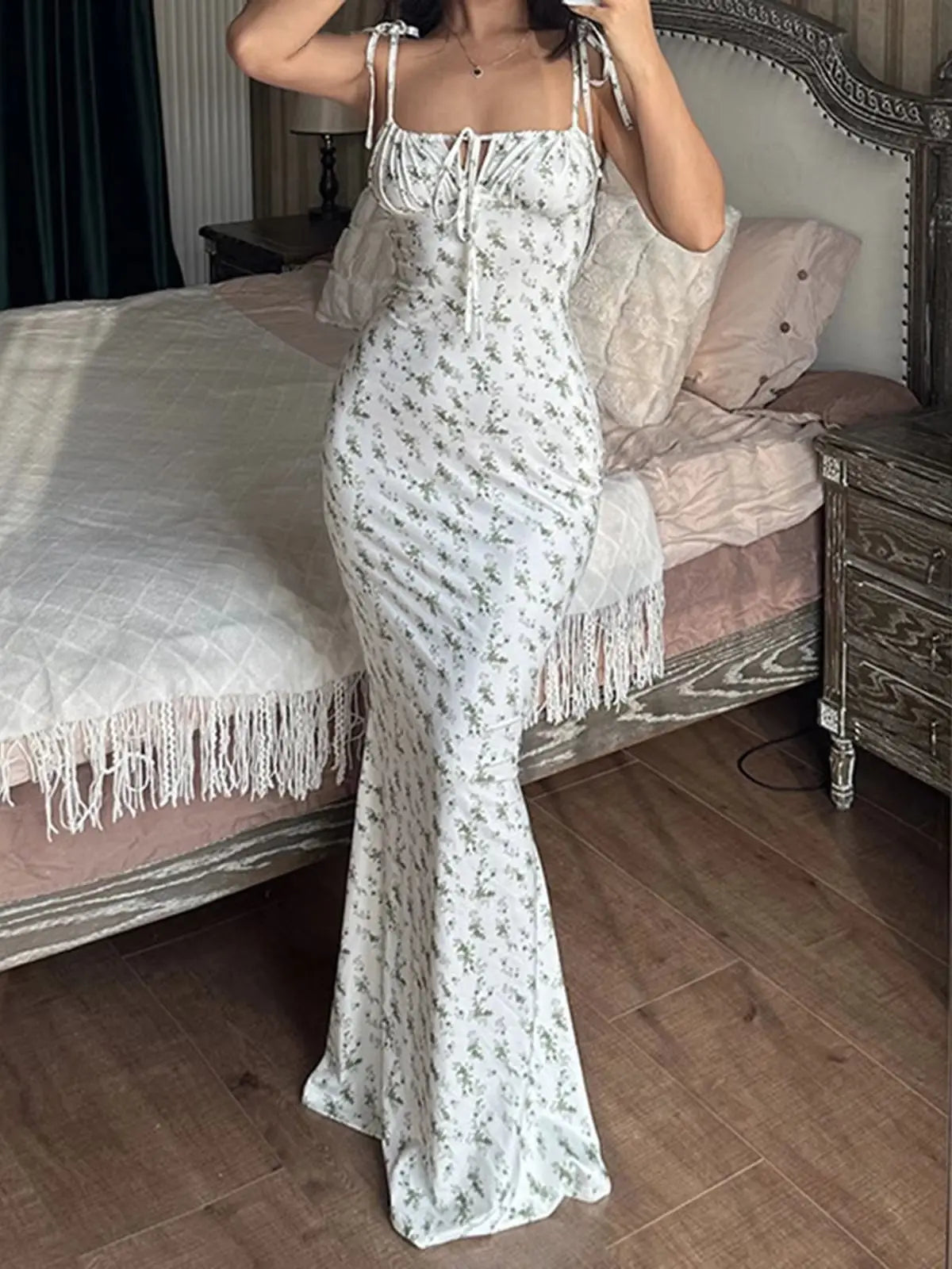 2025 Summer Floral Midi Dress Women Spaghetti Strap Tie-up V-neck Split Dress Sexy Vintage Elegant Dresses Female