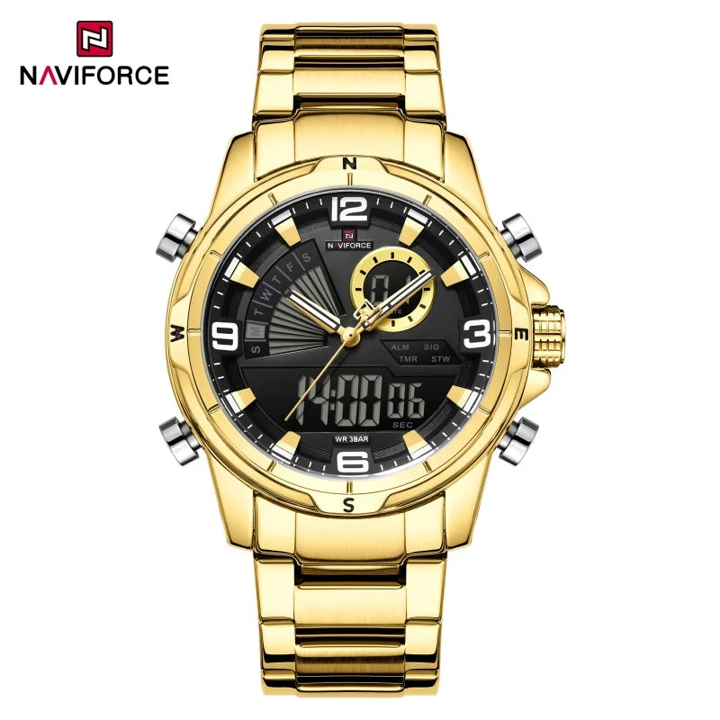 NAVIFORCE Men's Watch 3ATM Waterproof Multifunctional Dual Display with Date Stainless Steel Strap Luxury Business Wristatch