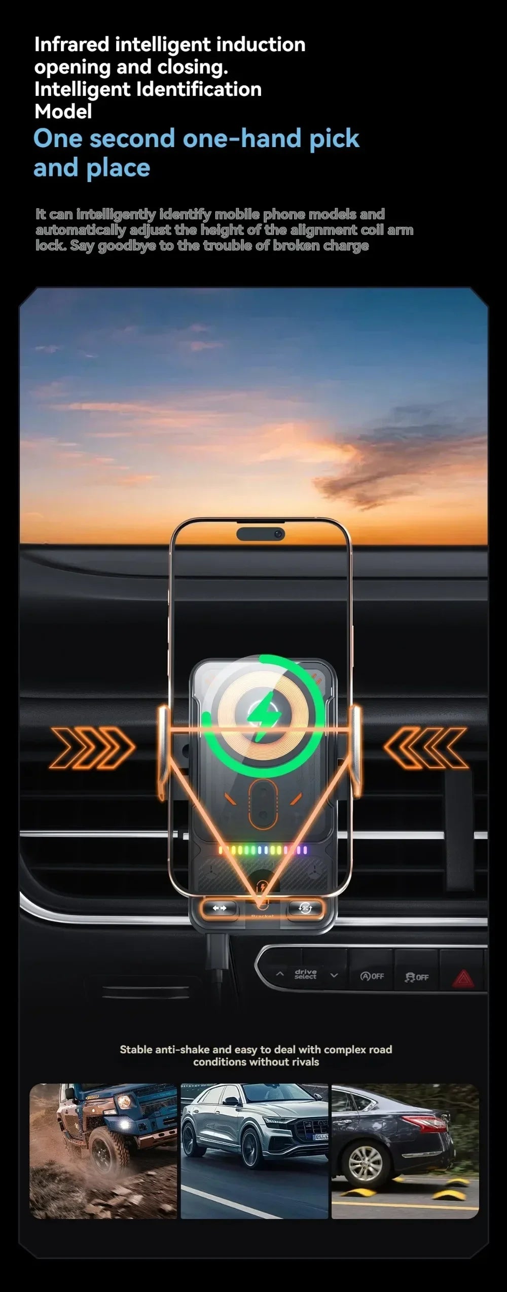 Auto-Sensing Car Wireless Charger Electric Rotating Mount Ambient Light Compatible Fast Charging Station for iPhone 17 16 15 14