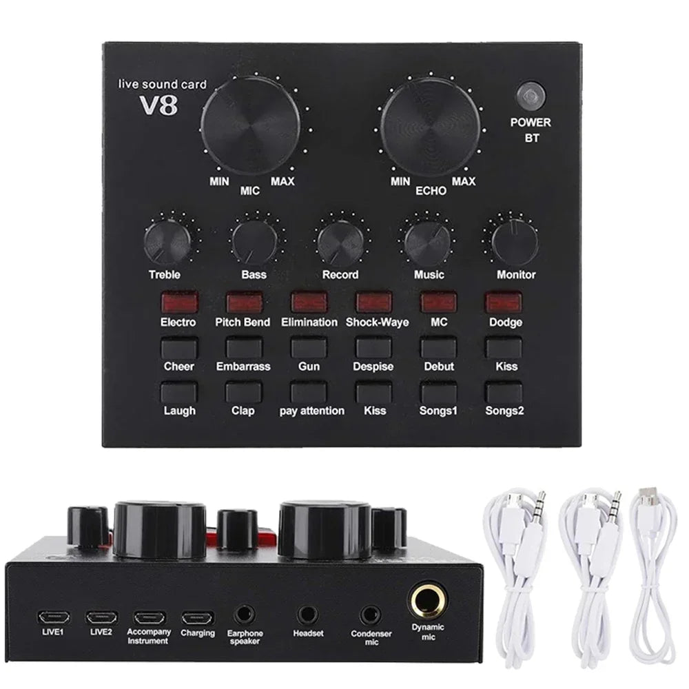 V8 Sound Card Audio Set Interface External Usb Live Microphone Sound Card Bluetooth Function For Computer Pc Mobile Phone Singin
