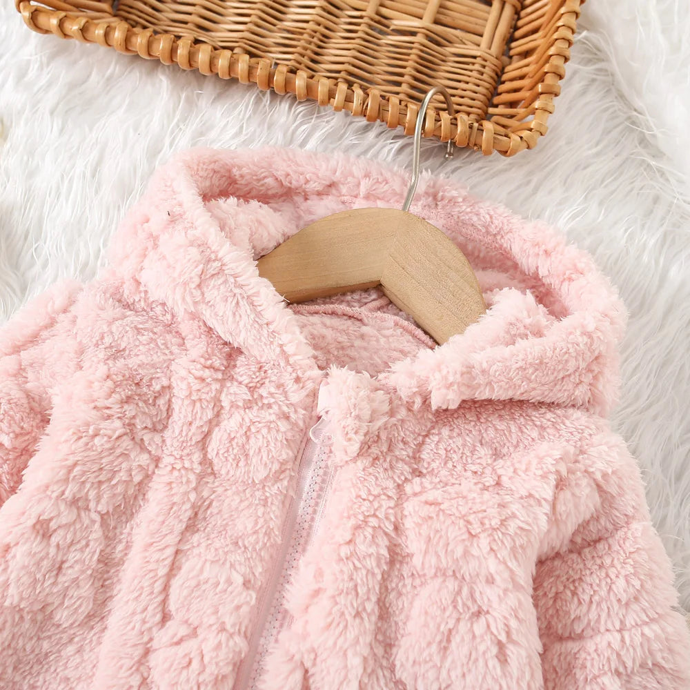 Baby Girl Princess Pink Fleece Jacket With Love Pattern Toddler Child Warm Coat Hooded Outwear Winter Baby Clothes
