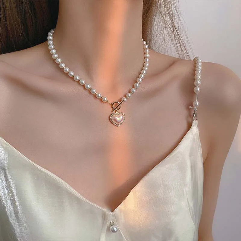New Ins Heart Shape Pearl Necklace Women Vintage Korean Crystal Love Beads Pendant Choker Wedding Party Fashion Jewelry Gifts