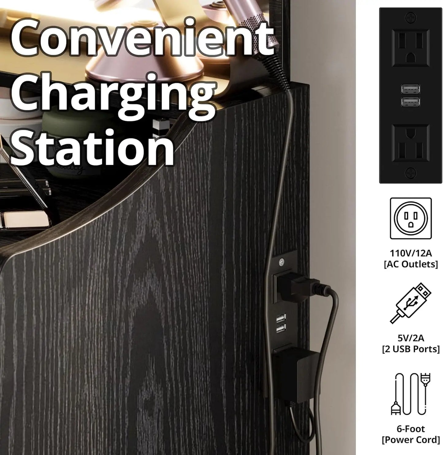 Small Makeup Vanity Desk with Mirror and Lights, Vanity Table Set with Storage Drawer, Chair and Three Shelves, Bedroom, Black