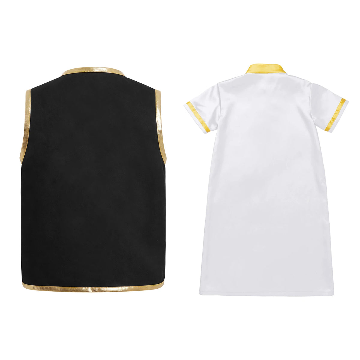 Muslim Baby Boys Robe Ramadan Eid Abaya Set Metallic Trim Arabic Islamic Kaftan Thobe Satin Gown with Open Front Tassel Vest