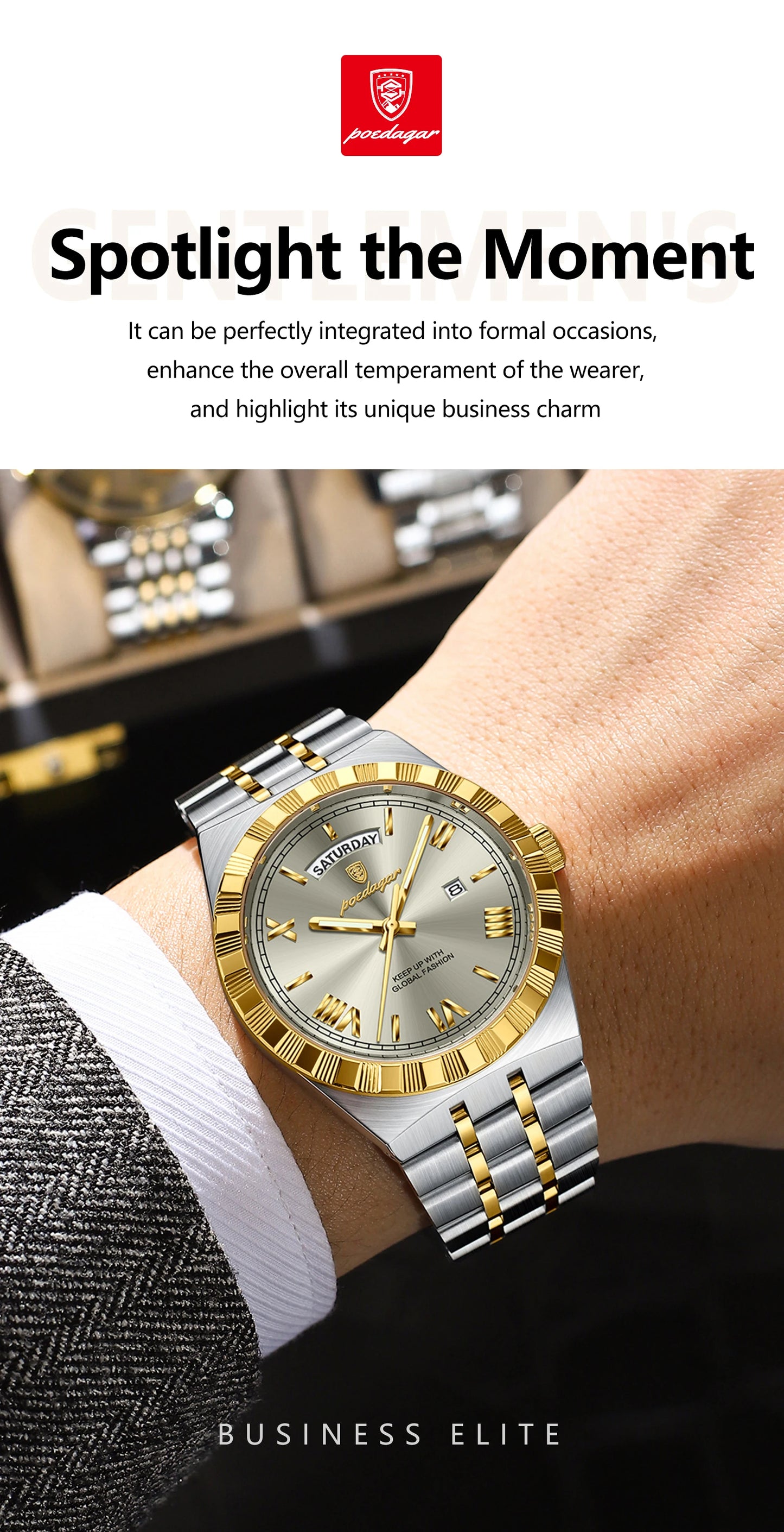 POEDAGAR Original Male Watch Luminous Waterproof Week Date Men Wristwatch Stainless Steel Business Quartz Men's Watches Gift+Box