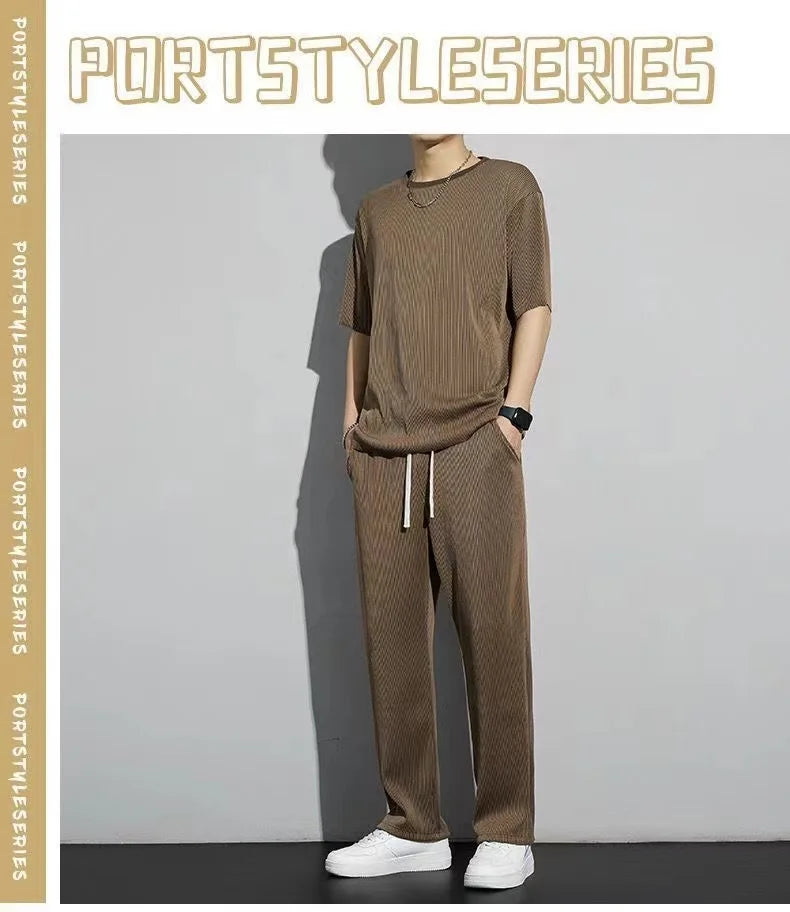 Men's Wrinkled Ice Silk Sports Set 2024 Summer New Short sleeved Long Pants Two piece Set Fashionable, Breathable, and Cool 3