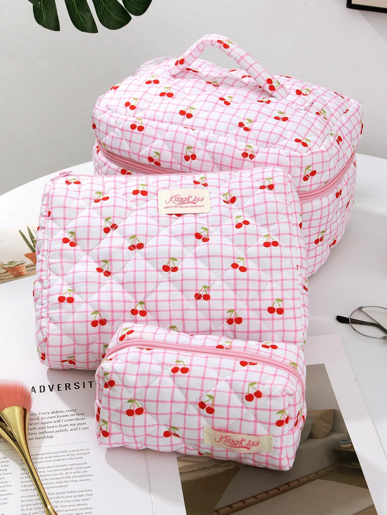 1pc/set Large Pink Cherry Quilted Makeup Bag, Cute Makeup Bag, Travel Makeup Bag, Makeup Storage Bag for Women Girls