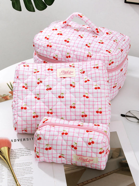 1pc/set Large Pink Cherry Quilted Makeup Bag, Cute Makeup Bag, Travel Makeup Bag, Makeup Storage Bag for Women Girls