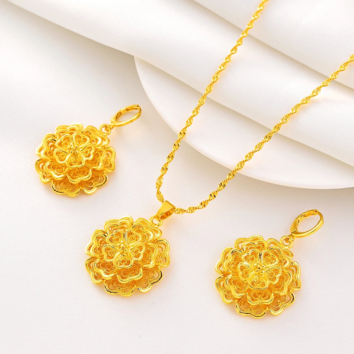 New Top Selling Arab Africa Flower Jewelry Set Women Girls Pendant Necklace Earrings Wedding Bridal Party Gifts