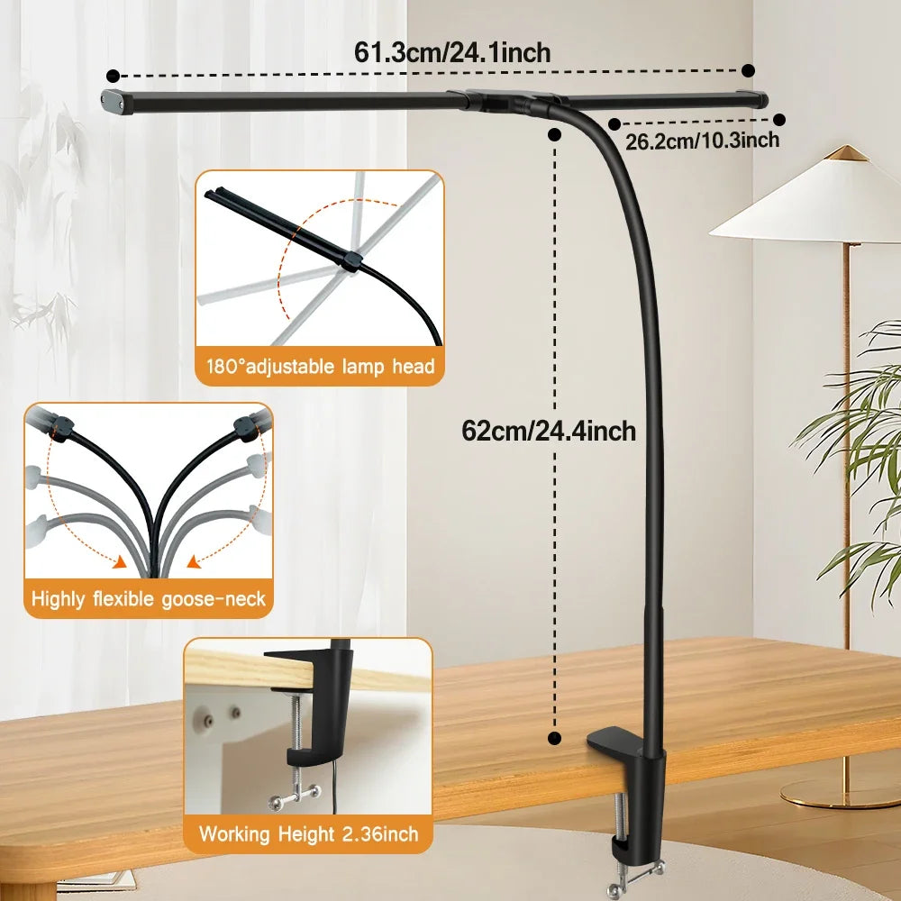 LED Double/Single Head Reading Desk Lamp Foldable Swing Arm Table Lamp with Clip Dimmable Workstation Office PC Eye Protection