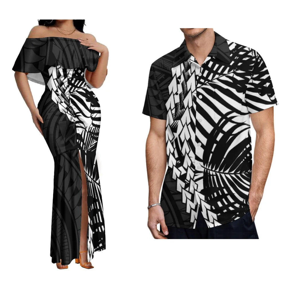 Polynesian Couple Set Custom Women'S One-Line Shoulder Lotus Skirt Men'S Short-Sleeved Shirt Banquet High-Quality Dress