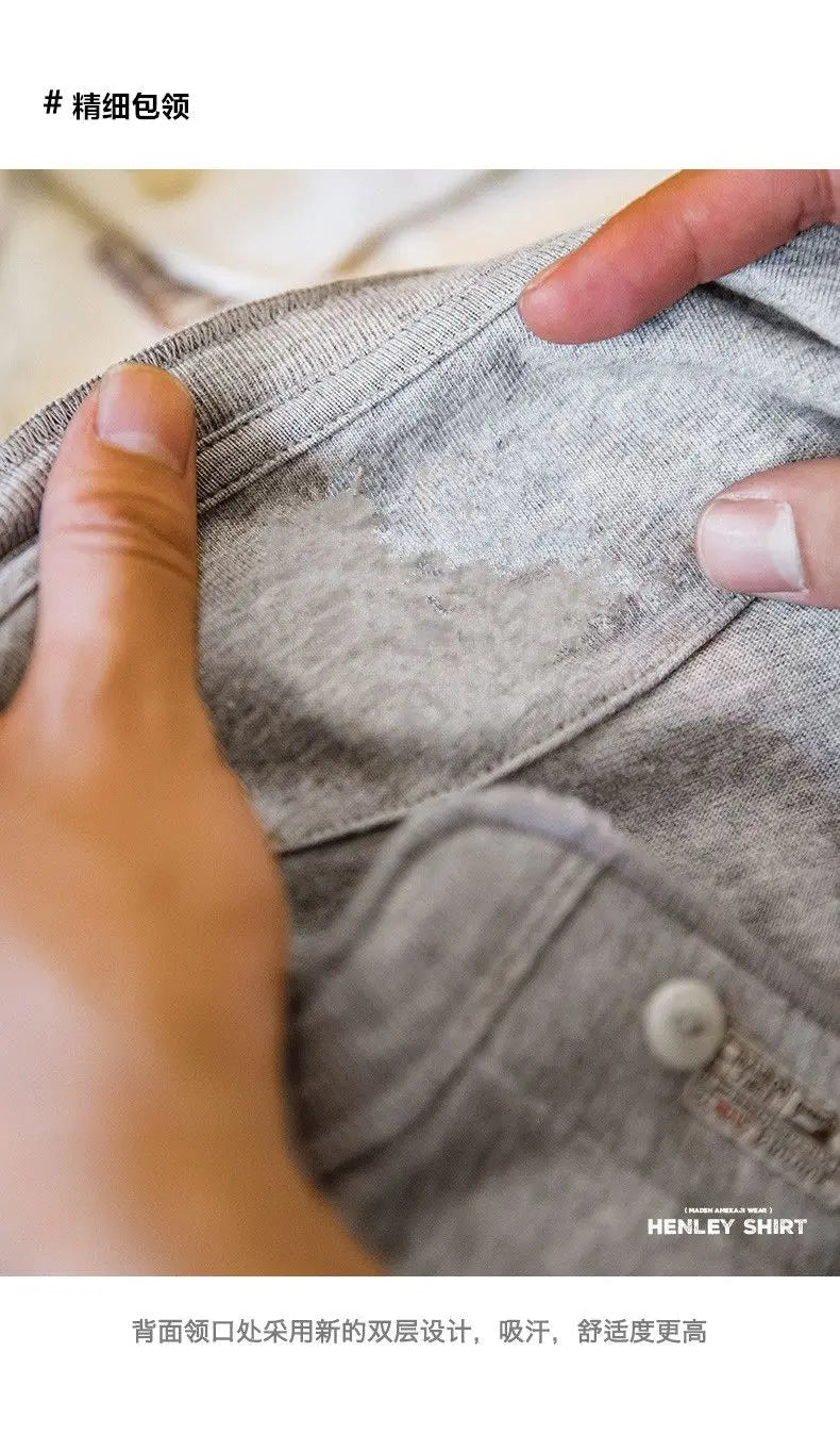 Vintage Daily Stand Neck T-shirt Men's Solid Patchwork Button Trendy Temperament Simple Cotton Long Sleeved Top JJ356