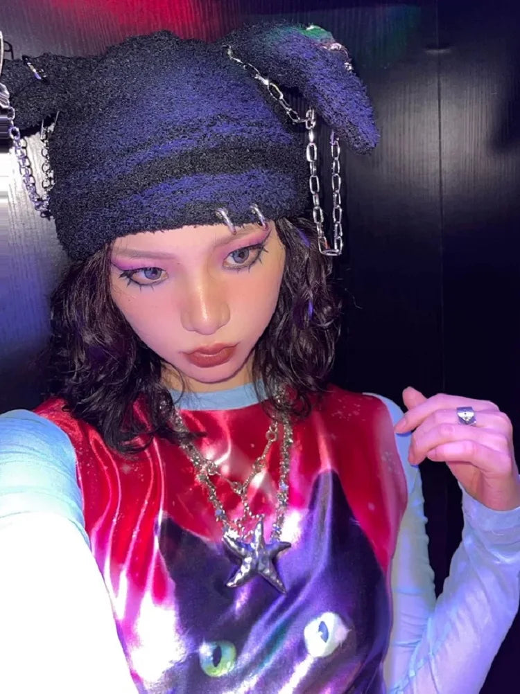 Gothic Grunge Rabbit Ear Hat Harajuku Y2k Punk Chain Pin Metal Ring Lambswool Black Hat Women Girls Winter Warm Chic Streetwear