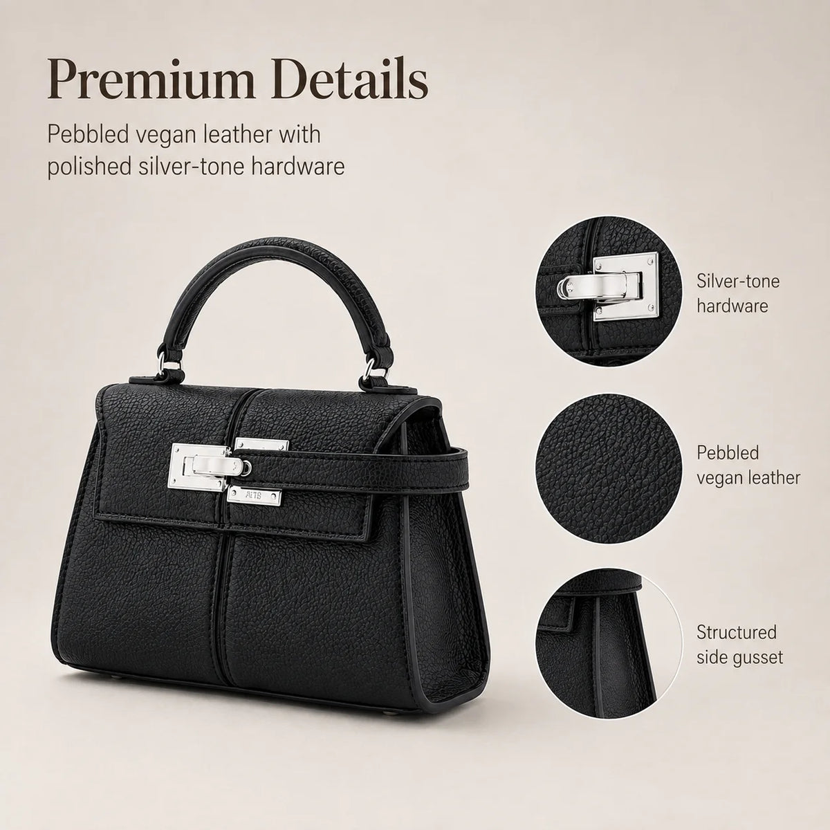 Luxury Elise Mini Square Crossbody Bag: Black Vegan Leather Designer Handbag - High-End Shoulder Purse for Women