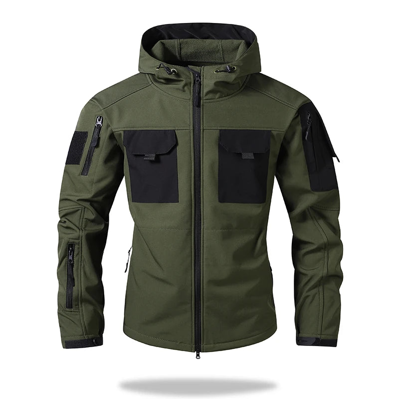 Men's hooded tactical jacket for autumn and winter outdoor windproof waterproof warm hiking camping and fishing durable jacket