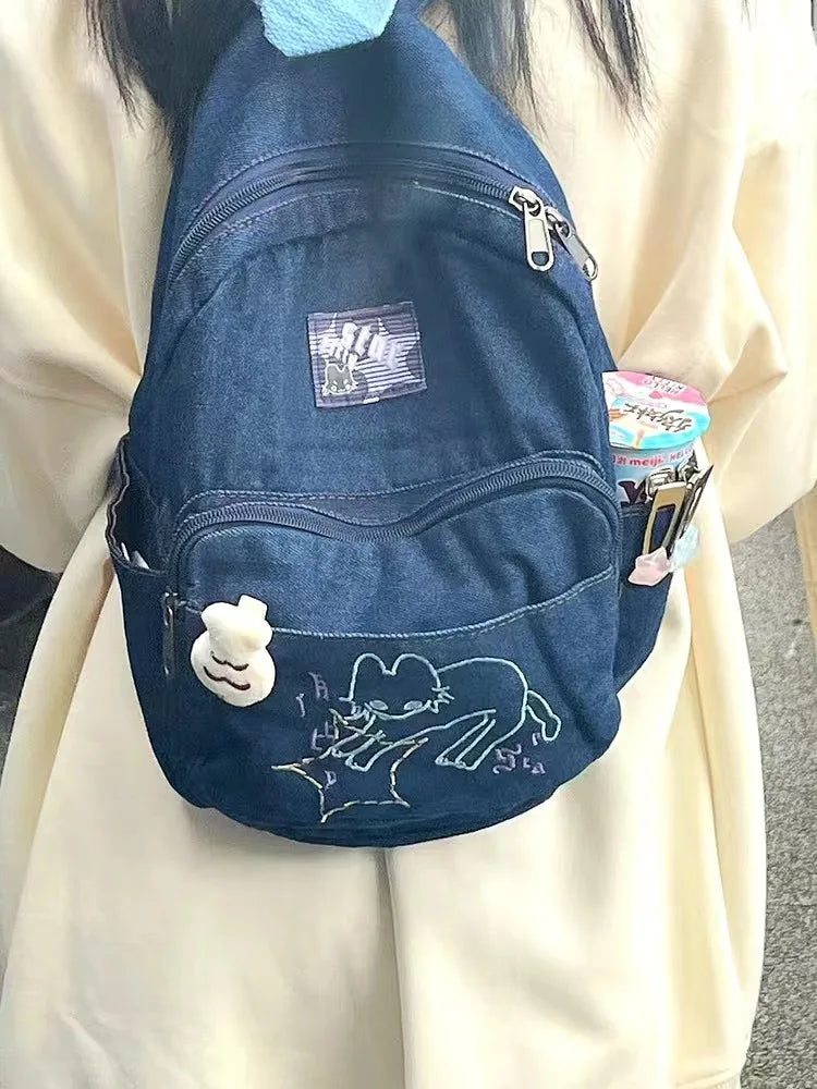 Fashion Small Denim Backpack Kawaii Cat School Bag Mini Cute Schoolbag Deep Blue Backpacks Aesthetic Japanese Preppy Book Bags