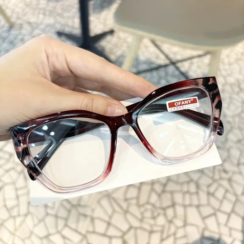 Women's Fashion Glasses Anti-Blue Light Trendy Luxury Large Frame Cat Eye Presbyopia Glasses Full Frame Premium Color Blocked