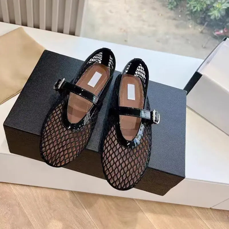 Designer brand original mesh buckle ballet sandals with women's hollow flat bottom Mary Jane mesh fishing net shoes