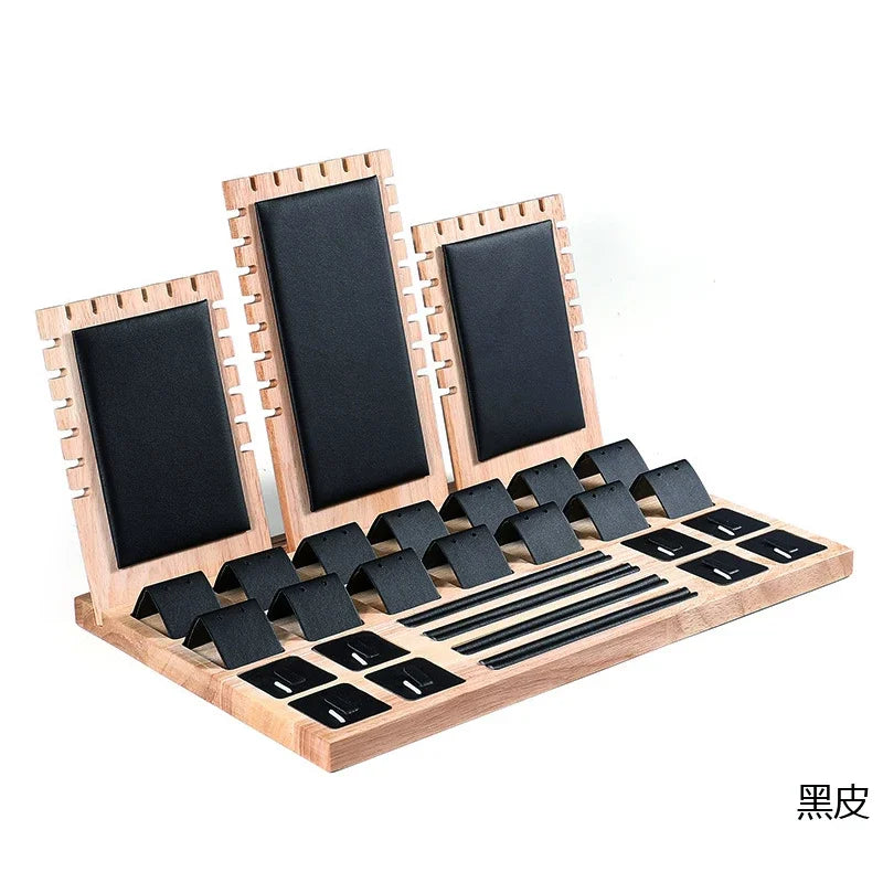 Wood Set Jewelry Counter Display Stand Necklace Pendant Holder Earring Ring Display Tray Props High-Capacity 39*25Cm