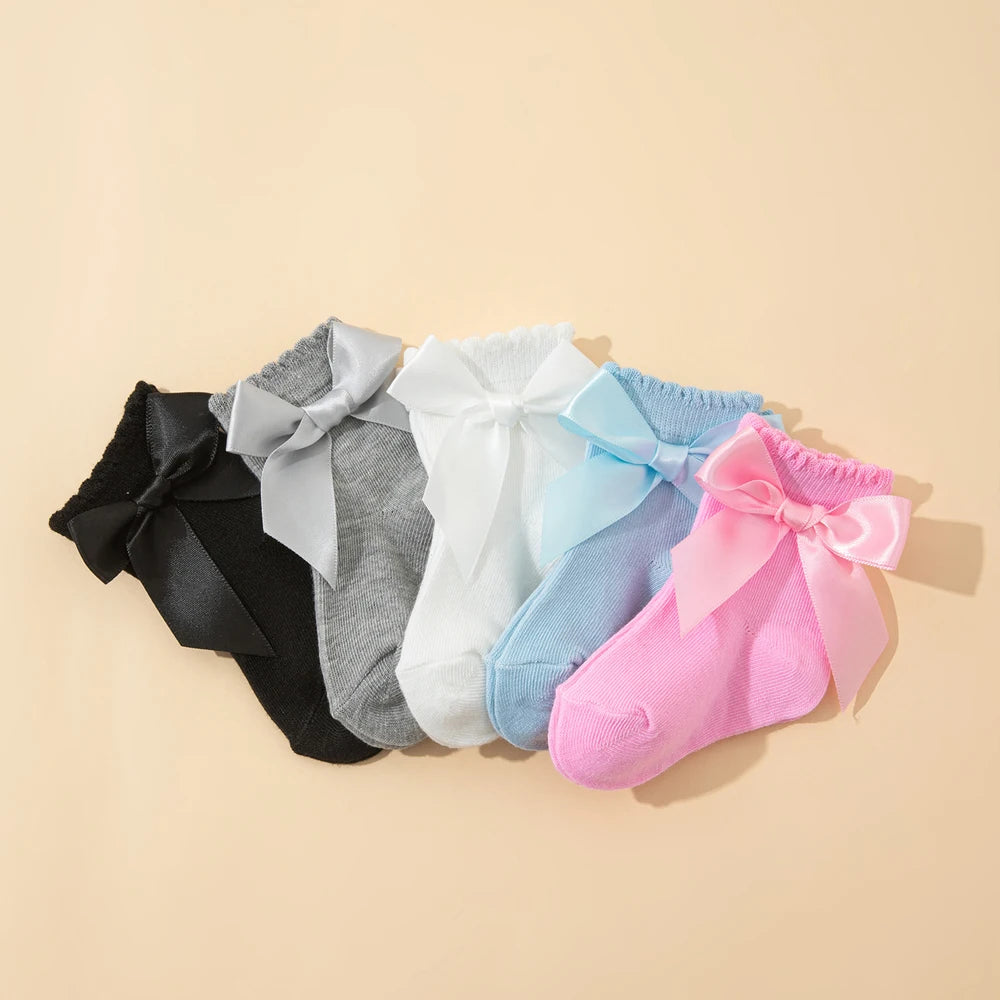 8 Pairs Baby Girls Bow Socks Set Soft  Ankle Socks 0-3Y Toddler Princess Socks With Big Bow Solid Color Kids Socks
