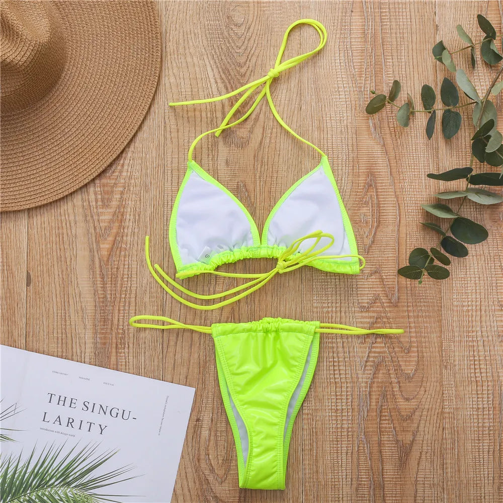Shiny PU Mini Micro Bikini 2025 Women Swimsuit Female Brazilian Swimwear Two Pieces Bikini Set High Cut Bathing Suit Swim Lady