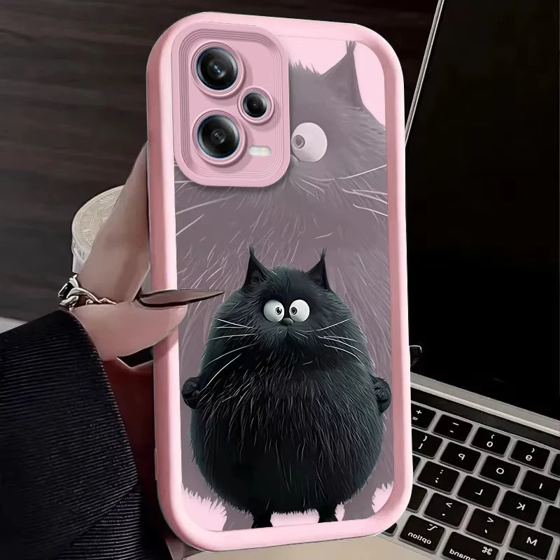 Funny Black Plush Cat Cute Phone Case For Redmi Note 13 12 Pro Plus 5G 13 12 Pro 4G 5G 11 10 Pro 12S 5G 11S 10S Redmi 13C 12 5G