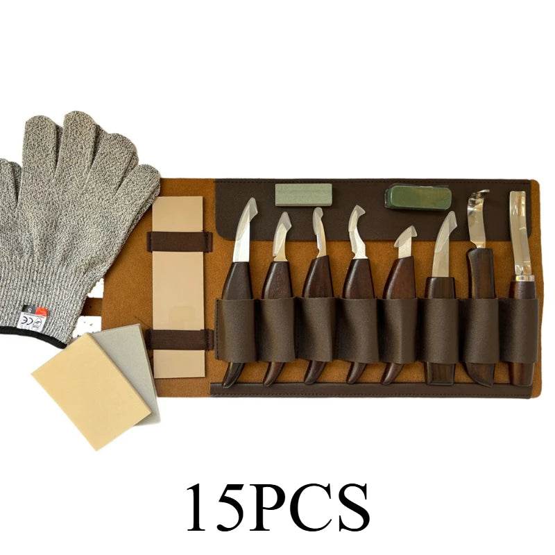 Woodworking Tools Professional Square Handle Woodcarving Vintage Leather Set 12 Pieces Furniture Detail Relief Project Essential