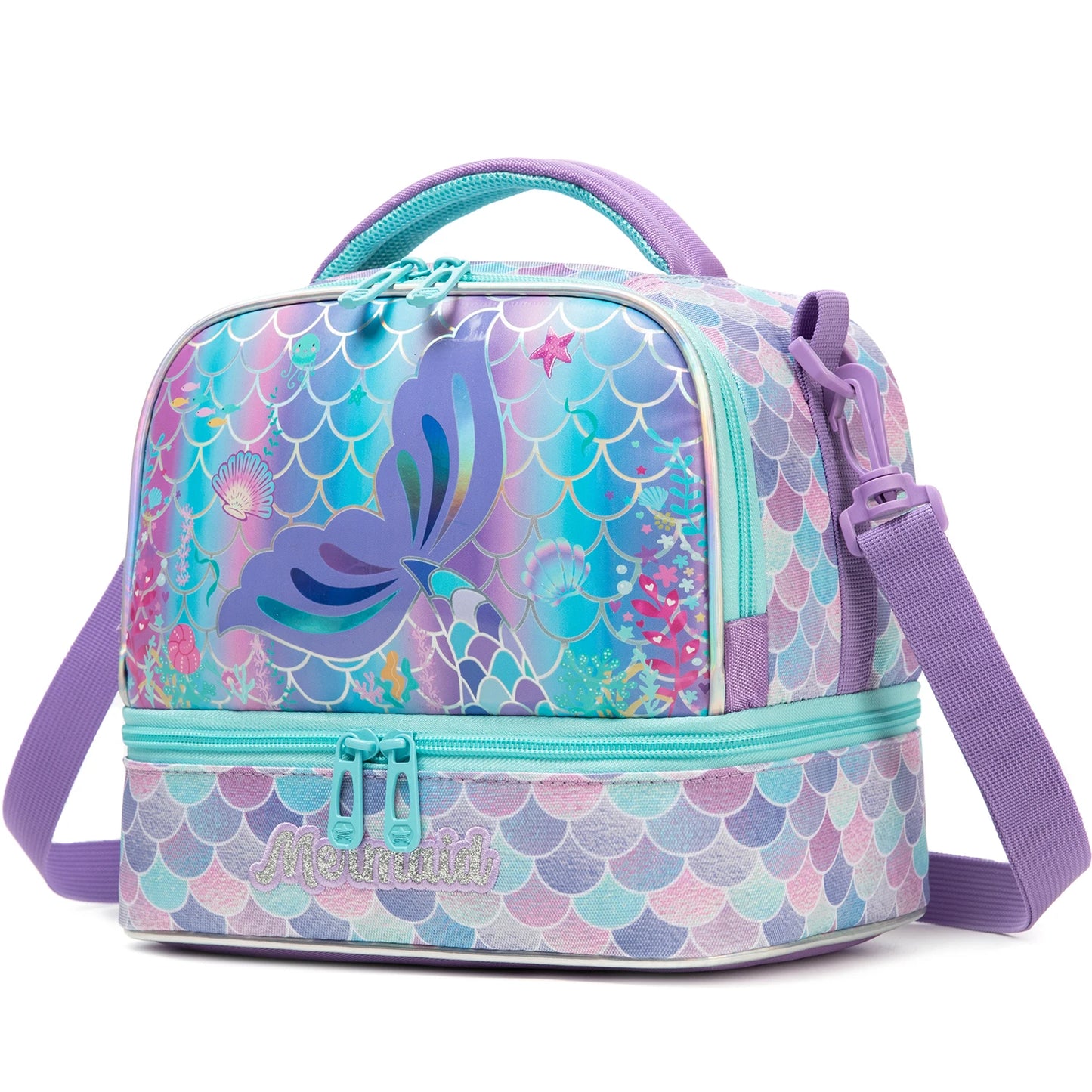 Kids Dual Compartment Lunch Bag for Girls, Double Decker Cooler Insulated Lunch Box Large Meal Tote for Kids