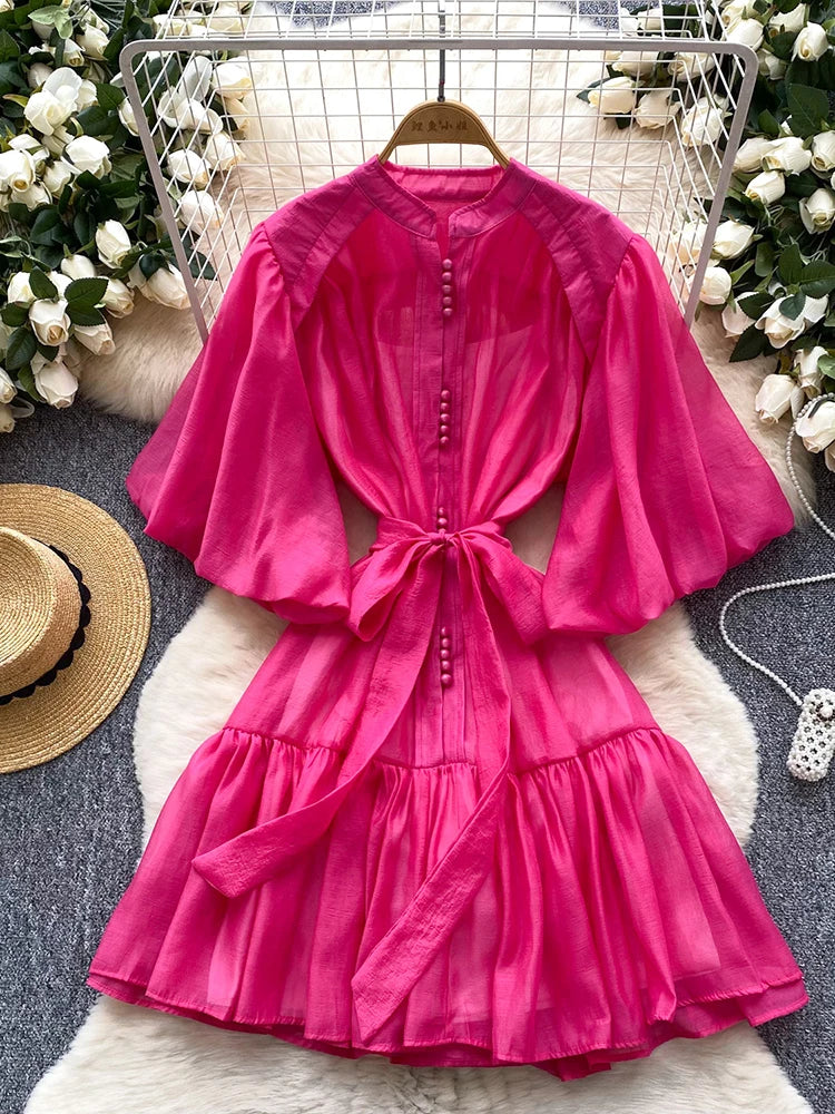 Summer Women's Puff Sleeve Shirt Dress Fashion Beach Vacation Party Birthday Blue White Exquisite Chiffon Mid Length Dress B06