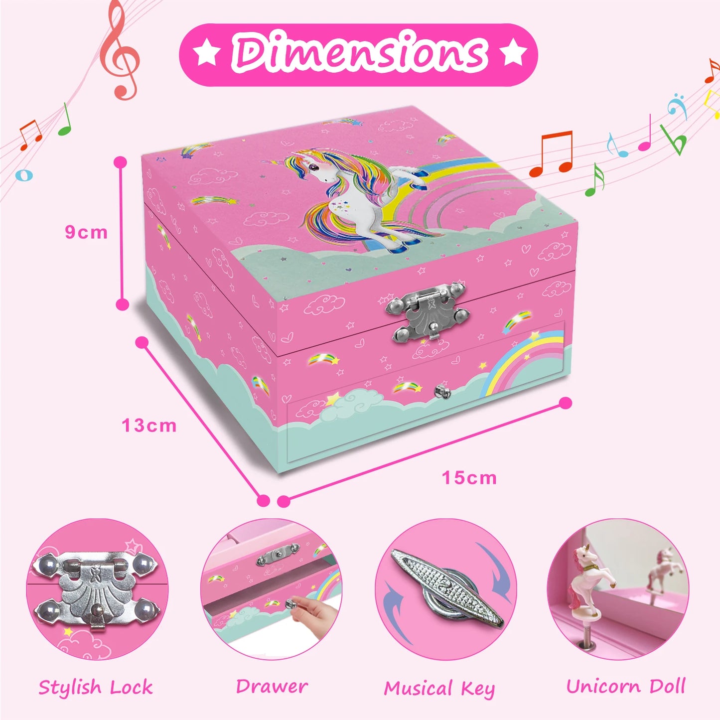 Unicorn Jewelry Box - Jewelry Box with Drawer and Music, Adorned with a Dancing Unicorn Ideal for jewelry storage, as a gift