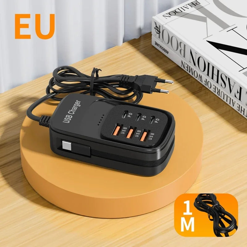New USB Charger 6-in-1 Power Strip Desktop Charging Station With Fast Charging Cord EU US Plug USB/C HUB Adapter Socket 3PD 3USB