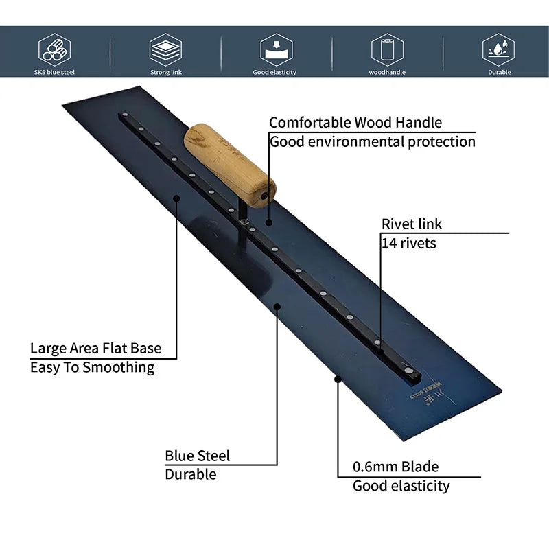 60CM Plastering Trowel Wooden Handle Blue Steel Blade Skimming Construction Putty Knife Drywall Tools Spatula for Smoothing