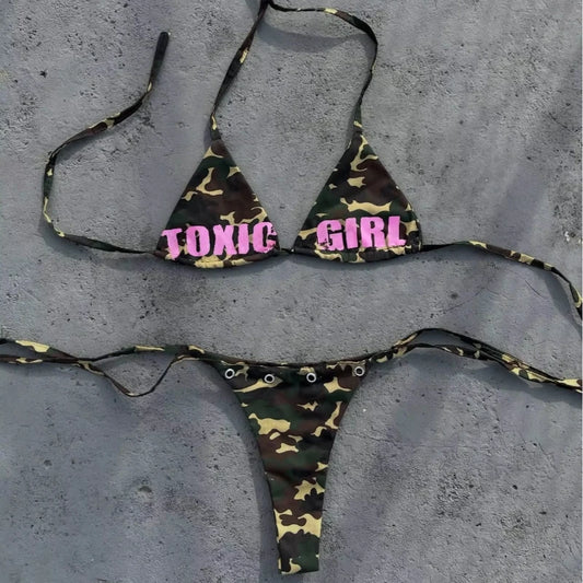 Women's Triangle Bikini Set Camouflage Print Sexy Y2K Micro Bikini Swimwear Summer Beach Vacation Party Bathing Suit For Female