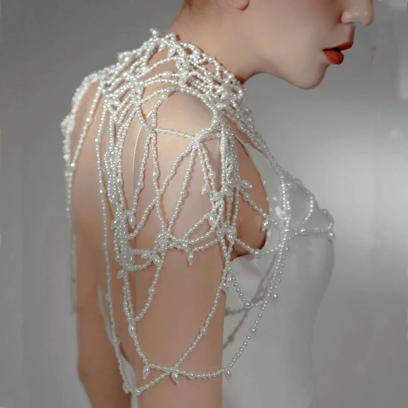 Fashion Pearls Bridal Jacket Shawl Wedding Shoulder Jewelry Chain Necklace Handmade Women Prom Accessories